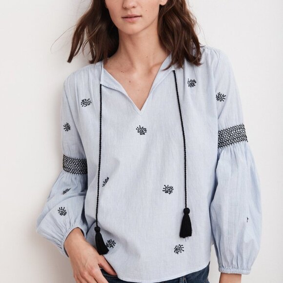 Velvet by Graham & Spencer Aimee Peasant Top Blouse in Blue- Women's Medium - Picture 2 of 4